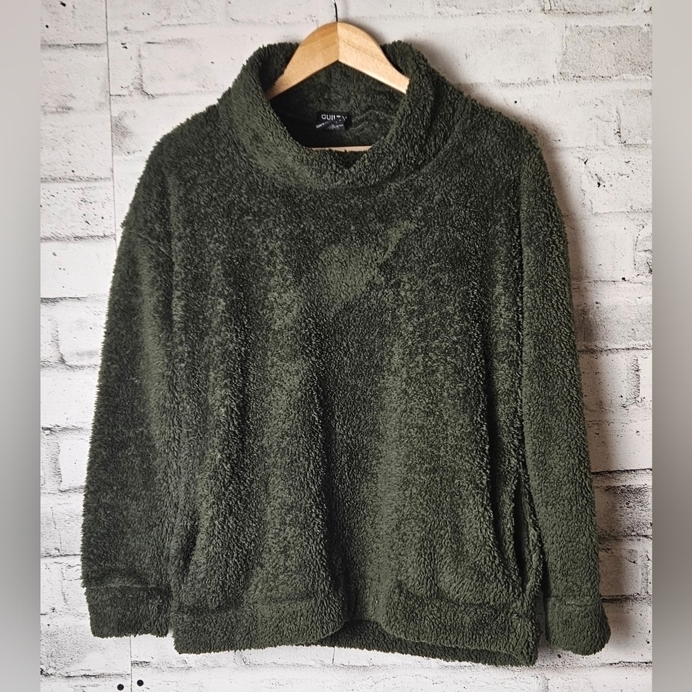 Guilty Olive Green Sherpa Fleece Cowl Neck Pullover Sweater Small Cozy Soft